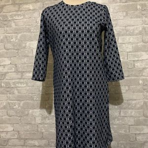 Just.noa 3/4 Sleeves Dress Work Midi Navy Blue White Pattern Mid Century Bodycon